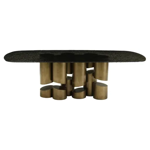 Chancery — Modern Dark Grey Glass + Antique Brass Dining Table