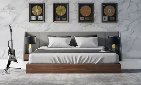 Janice — Modern Grey Fabric and Walnut Bed and Nightstands