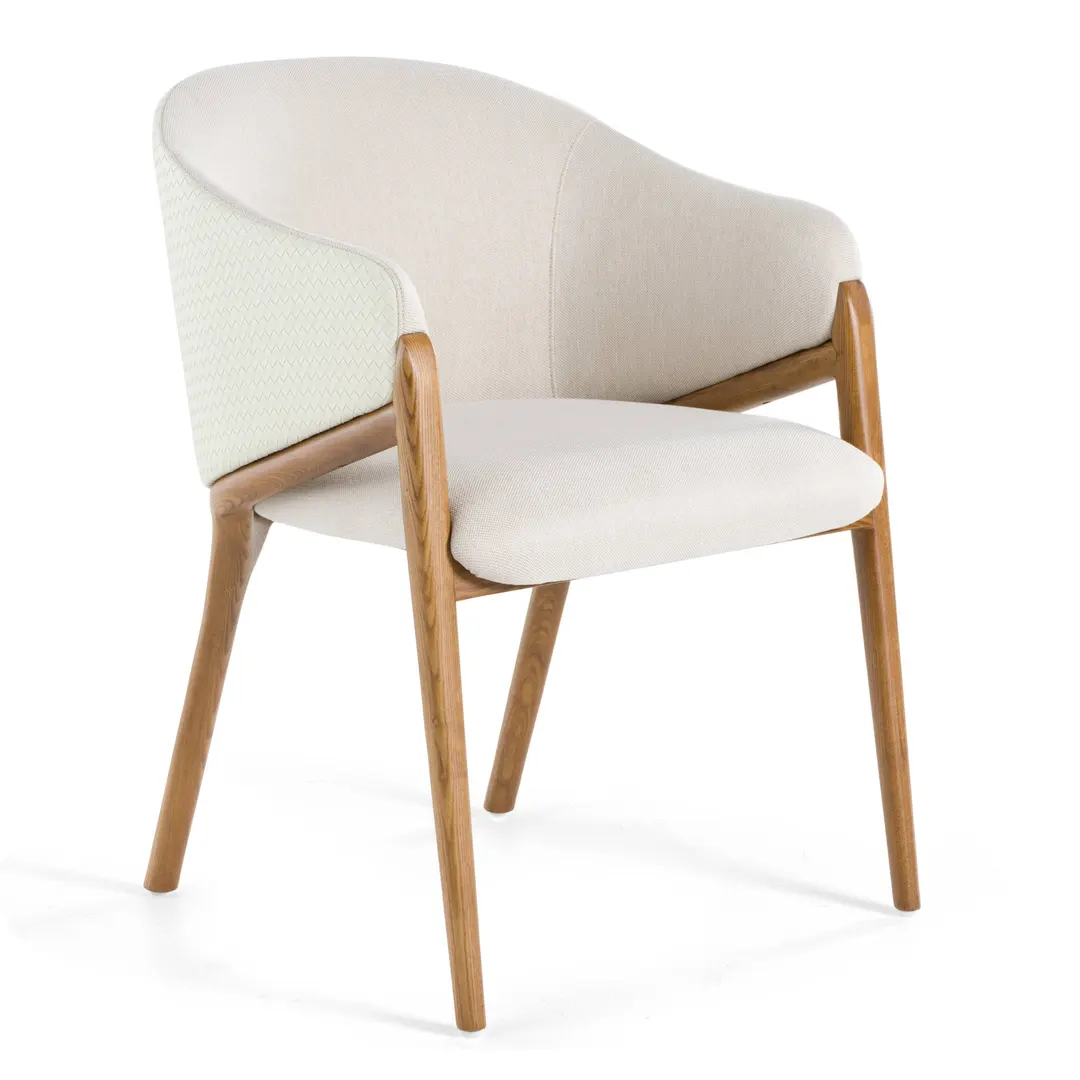 Modrest Lunde Cream Fabric and Walnut Arm Dining Chair — 