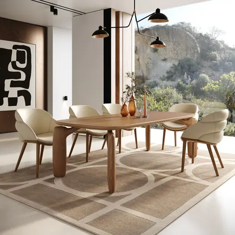 Modrest Michael — Mid-Century Modern Beige Vegan Leather + Walnut Dining Chair