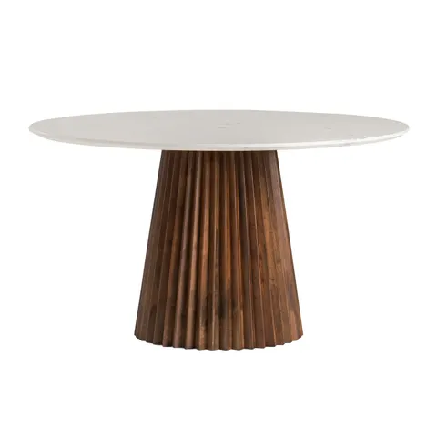 Modrest Nancy — Mid-Century Modern White Marble + Walnut Round Dining Table