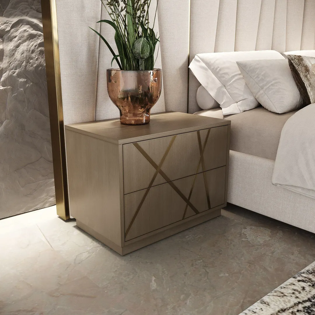 Modrest Nixa — Modern Wide Birch + Brushed Bronze Nightstand