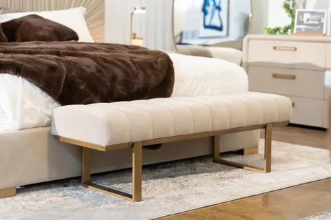 Modrest Robles — Modern Beige Fabric + Antique Brass Dining Bench