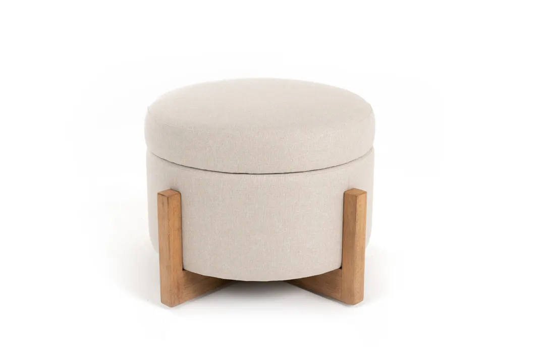 Modrest Sada — Mid-Century Modern Beige Linen + Chestnut Round Ottoman
