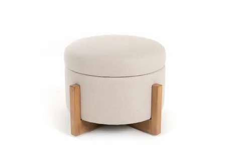 Modrest Sada — Mid-Century Modern Beige Linen + Chestnut Round Ottoman
