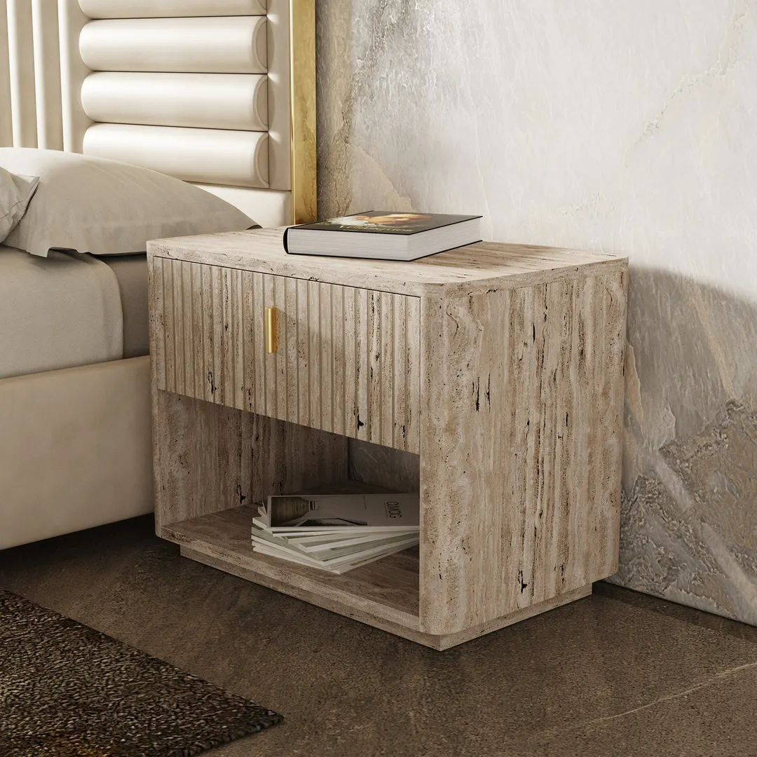 Nova Domus Roma — Modern Travertine + Gold Nightstand