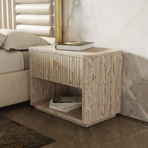 Nova Domus Roma — Modern Travertine + Gold Nightstand