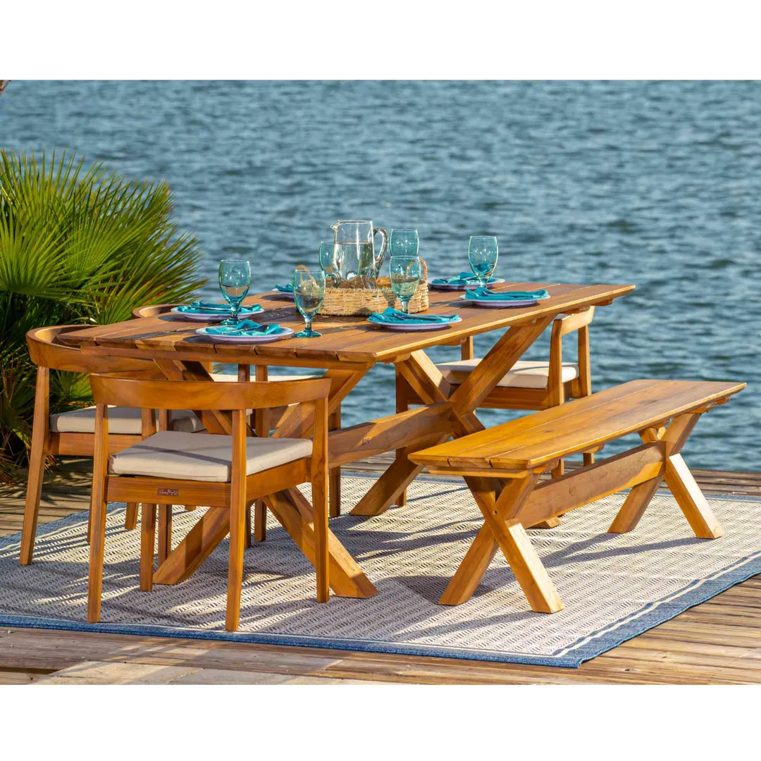 Panama Jack Bali Teak 7-Piece Rectangular Dining Table with Bench — 