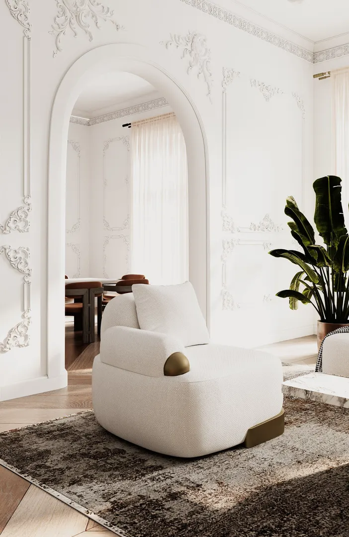 Rainier — Contemporary Off-White Fabric + Antique Brass Accent Chair