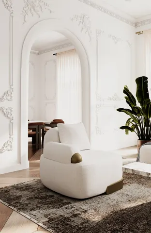 Rainier — Contemporary Off-White Fabric + Antique Brass Accent Chair