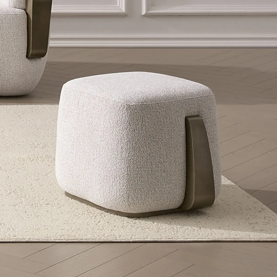 Rainier — Contemporary Off-White Fabric + Antique Brass Ottoman
