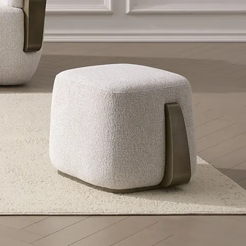 Rainier — Contemporary Off-White Fabric + Antique Brass Ottoman