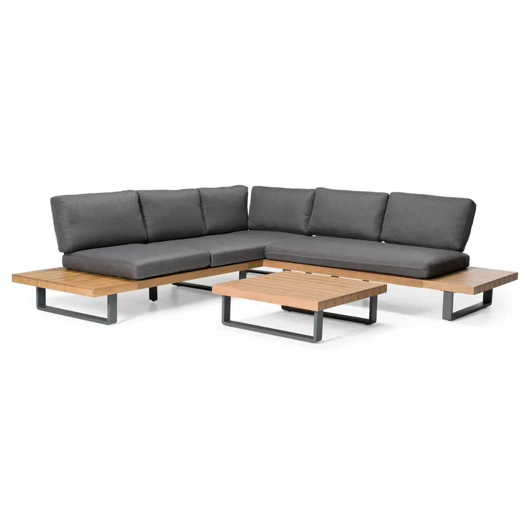 Renava Skaros — Outdoor Grey Olefin Fabric + Eucalyptus Sectional Sofa + Coffee Table Set